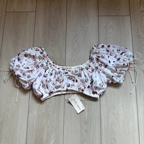 NWT For Love & Lemons Cold Hearted sequin puff sleeve tie crop top - Picture 2 of 4